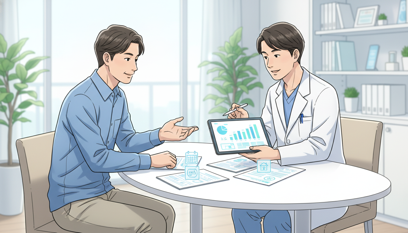 清潔感のあるクリニックのカウンセリングルームで、男性患者が医師と一緒にタブレットや資料を見ながら、治療法・費用・通いやすさなどのポイントについて相談している様子を描いたイラスト。