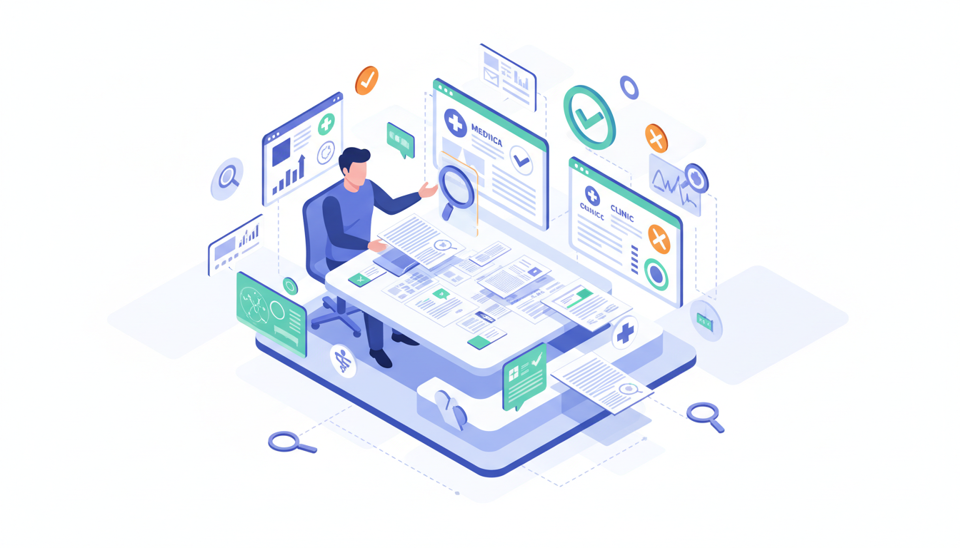 男性が複数の書類やデータを並べて、どのクリニックが良いか比較検討している様子を描いたアイソメトリック風のイラスト。虫眼鏡やチェックマークのアイコンが周囲に配置され、情報比較を視覚的に表現する。