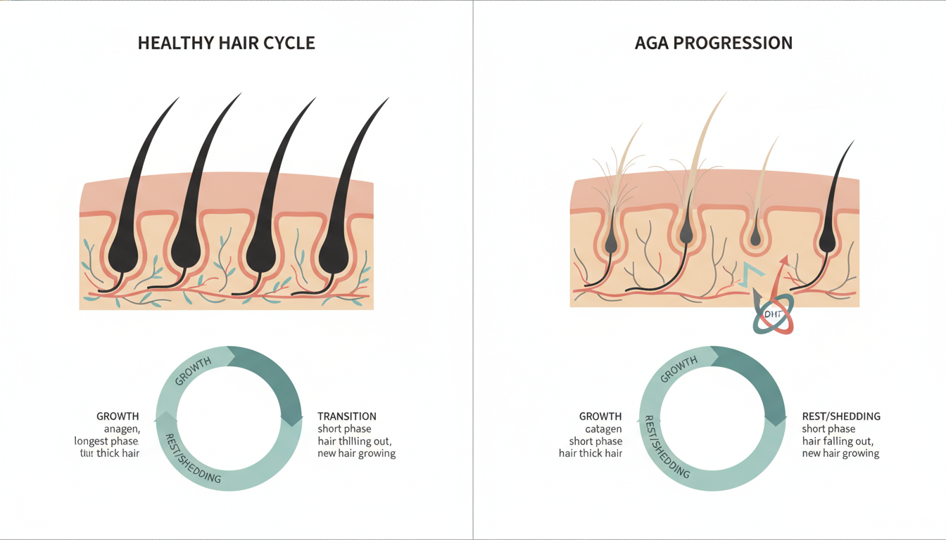 髪の毛の成長サイクル（ヘアサイクル）や頭皮の構造をシンプルに解説する図解風のイラスト。健康な毛根と薄毛の毛根の違いなど、AGAの進行メカニズムを概念的かつわかりやすく表現したもの。